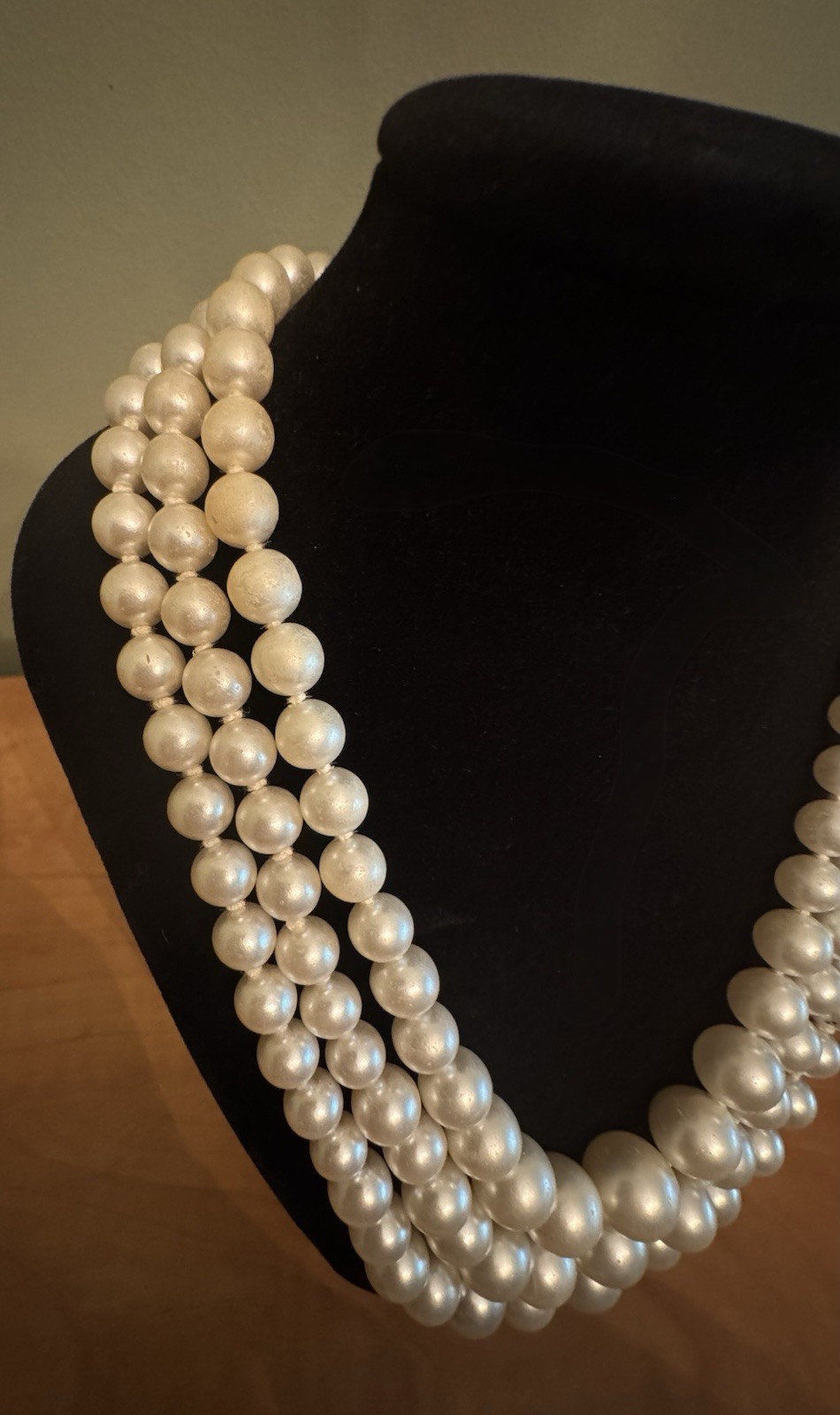 Antique Three Strand Hand Knotted Pearl Graduated Necklace Rhinestone Clasp