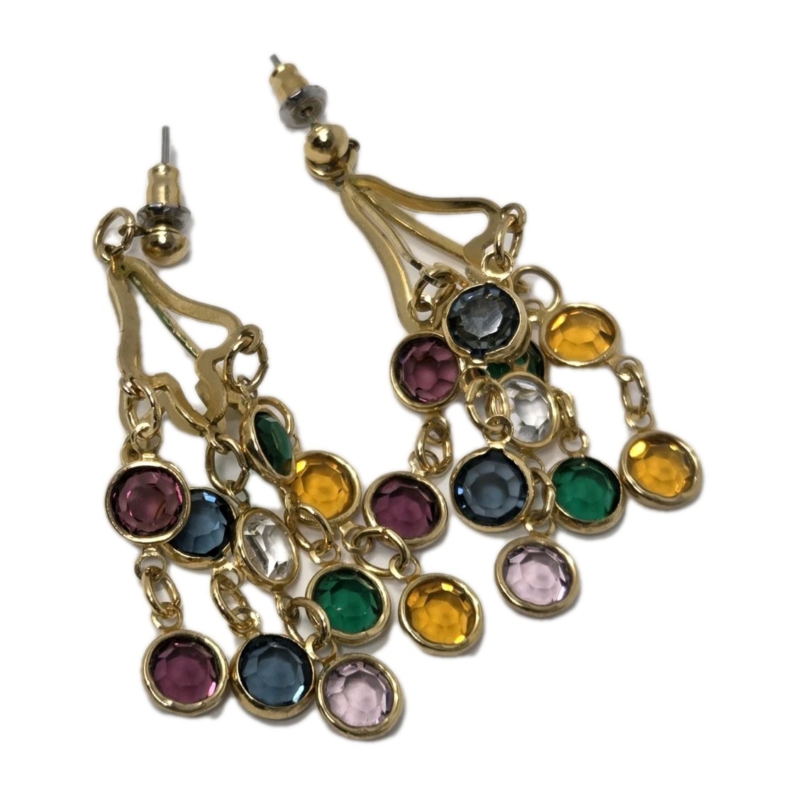 Multicolor Bezel Crystal Dangle Drop Earrings Multi-strand Vintage Unsigned