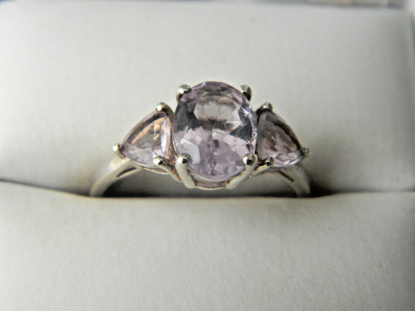 Fine 925 Sterling Silver Oval Pink CZ Solitaire w/Trillion Shape Accent Ring Sz7