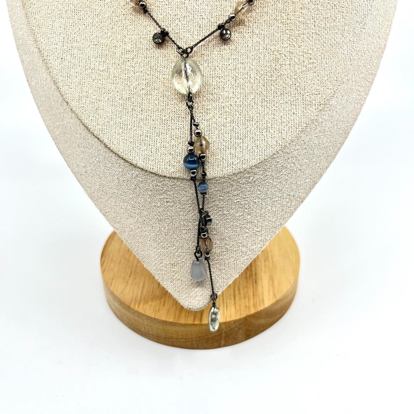 Vintage Y2K Gunmetal Blue Beaded Y-Necklace Tassel Drop Boho Aesthetic Classic