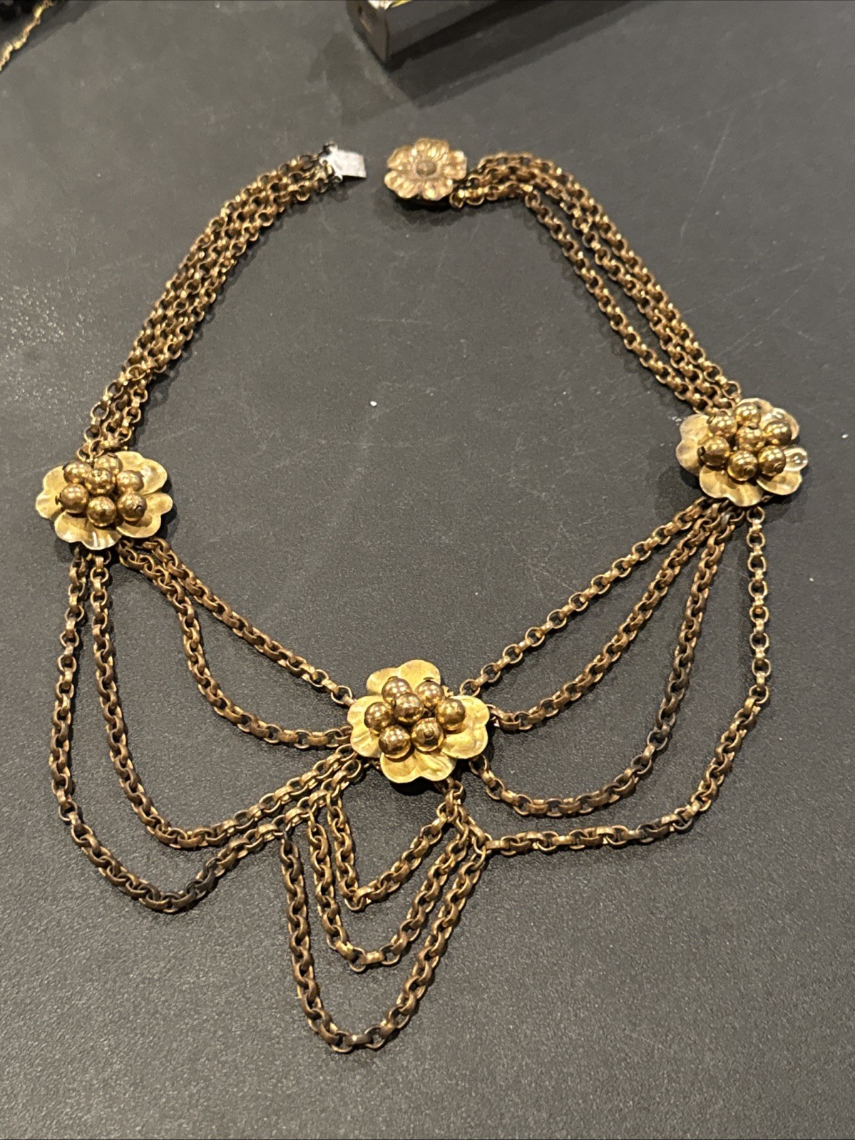 ANTIQUE VINTAGE FESTOON NECKLACE GOLDWASH BRASS FILIGREE ROSETTES DANGLES