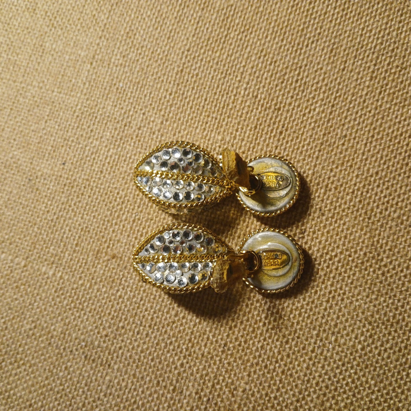 Vintage Richard Kerr Signed Gold Tone Austrian Crystal Clip On Earring Braided