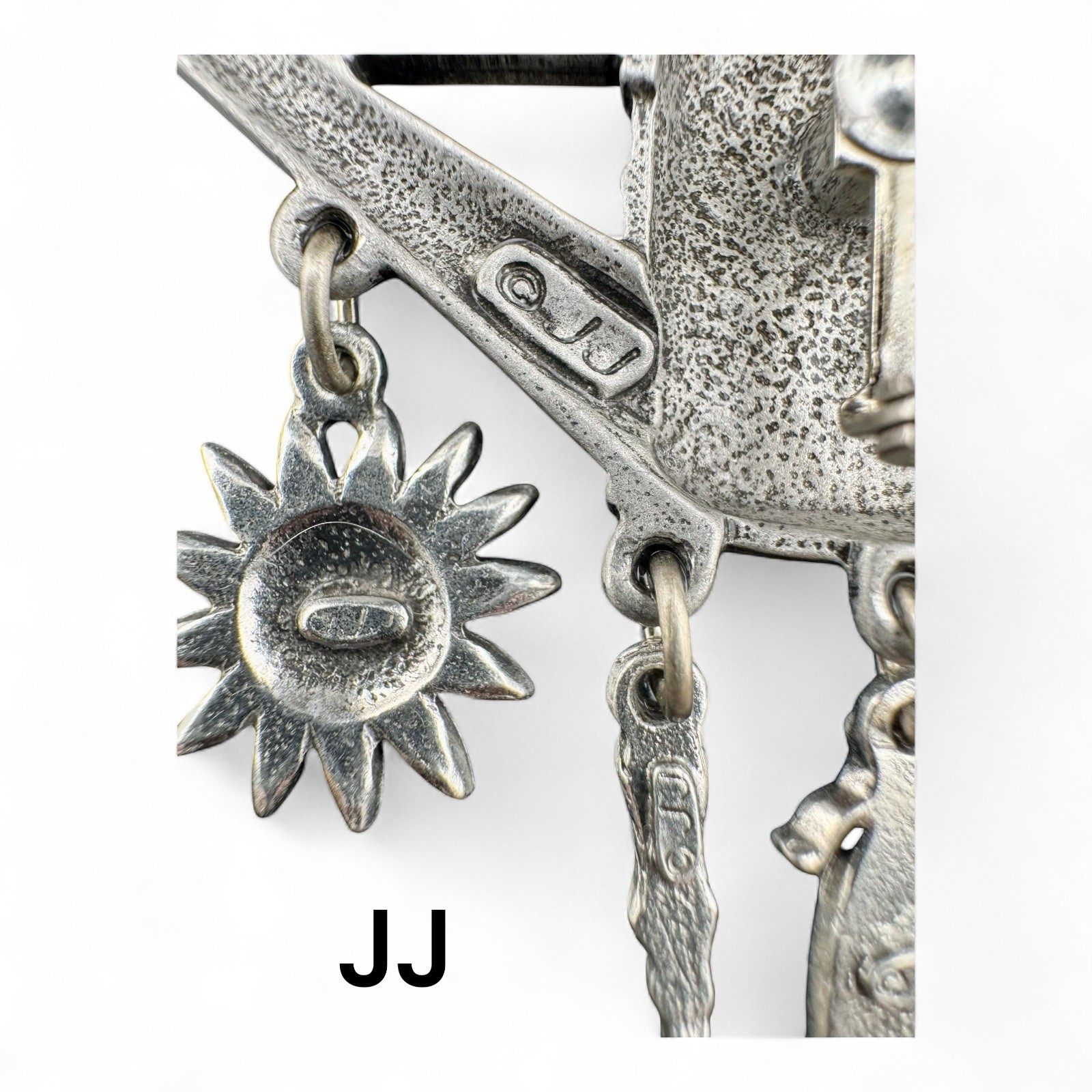 Vintage JJ Signed Silver Tone Watering Can W/ Garden Dangles Brooch