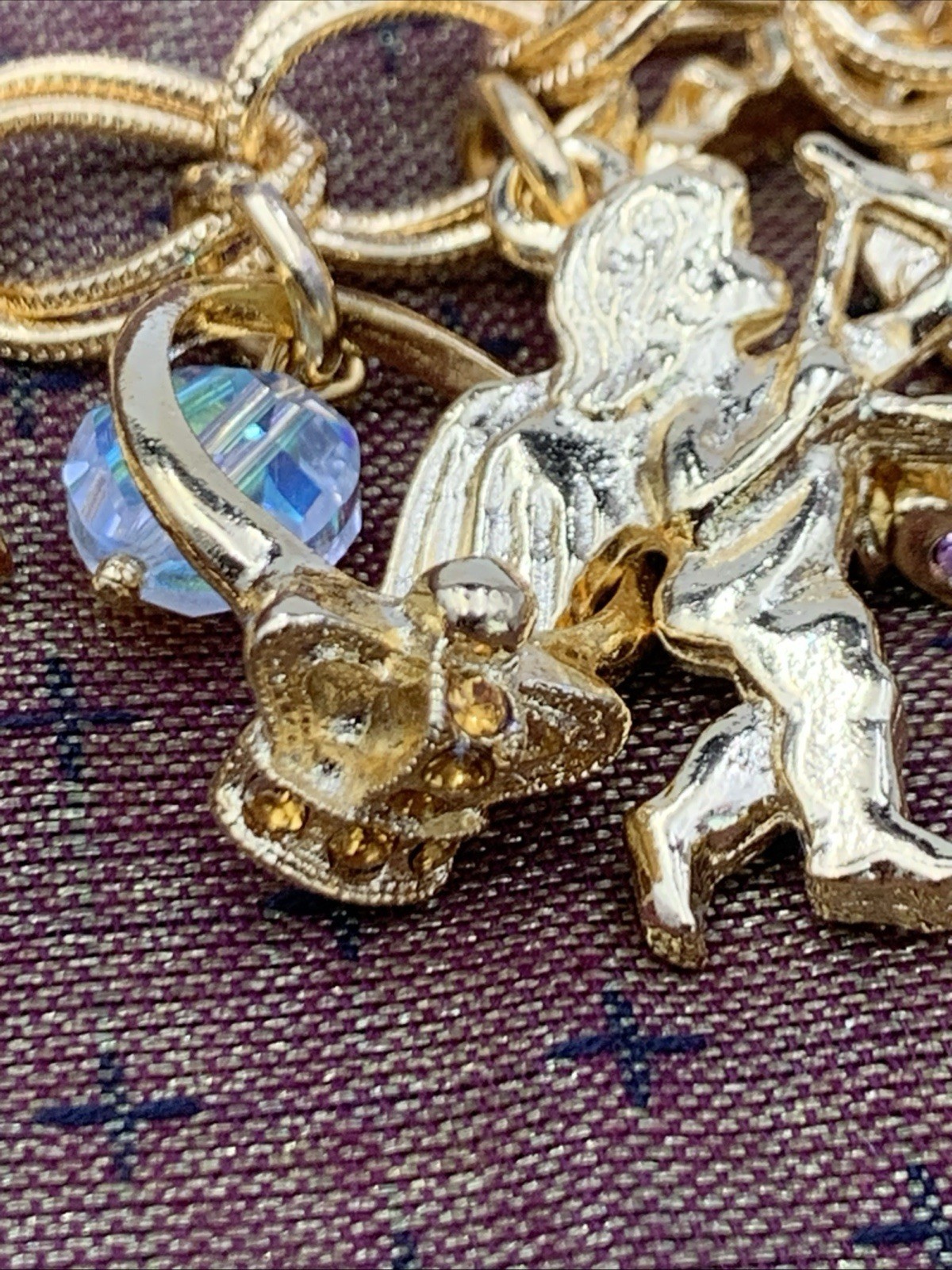 Kirks Folly Gold Tone Charm Bracelet Cupid Hearts Rings Crystals Angel