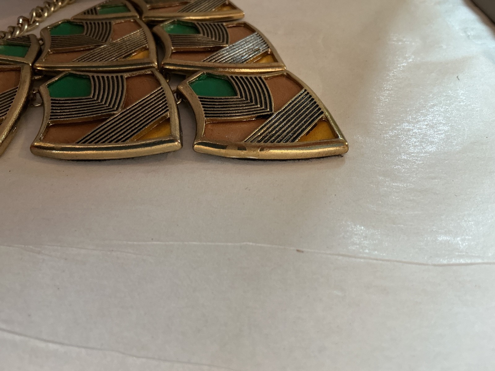 Vintage Art Deco Geometric Bib Statement NECKLACE, fan & chevronm earth tones