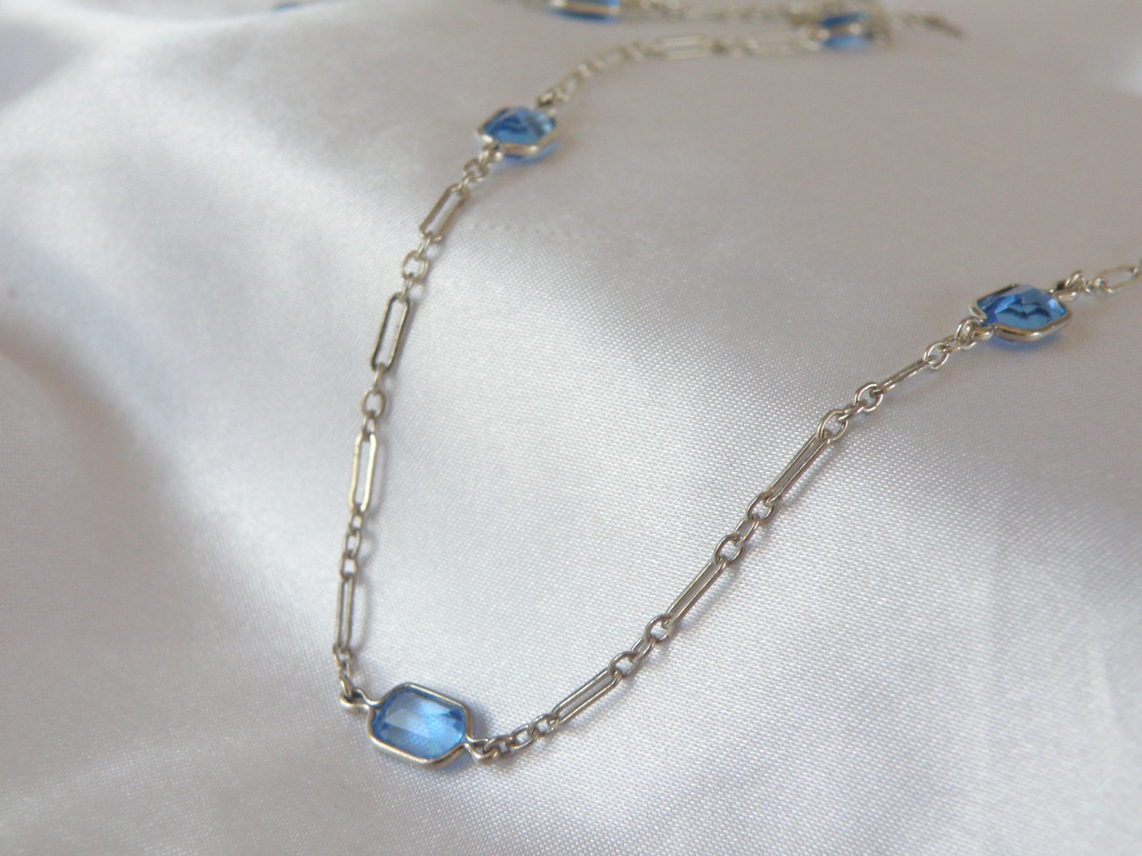 Antique Sterling Silver 925 Blue Gemstone Station Vintage Paperclip Necklace 25″