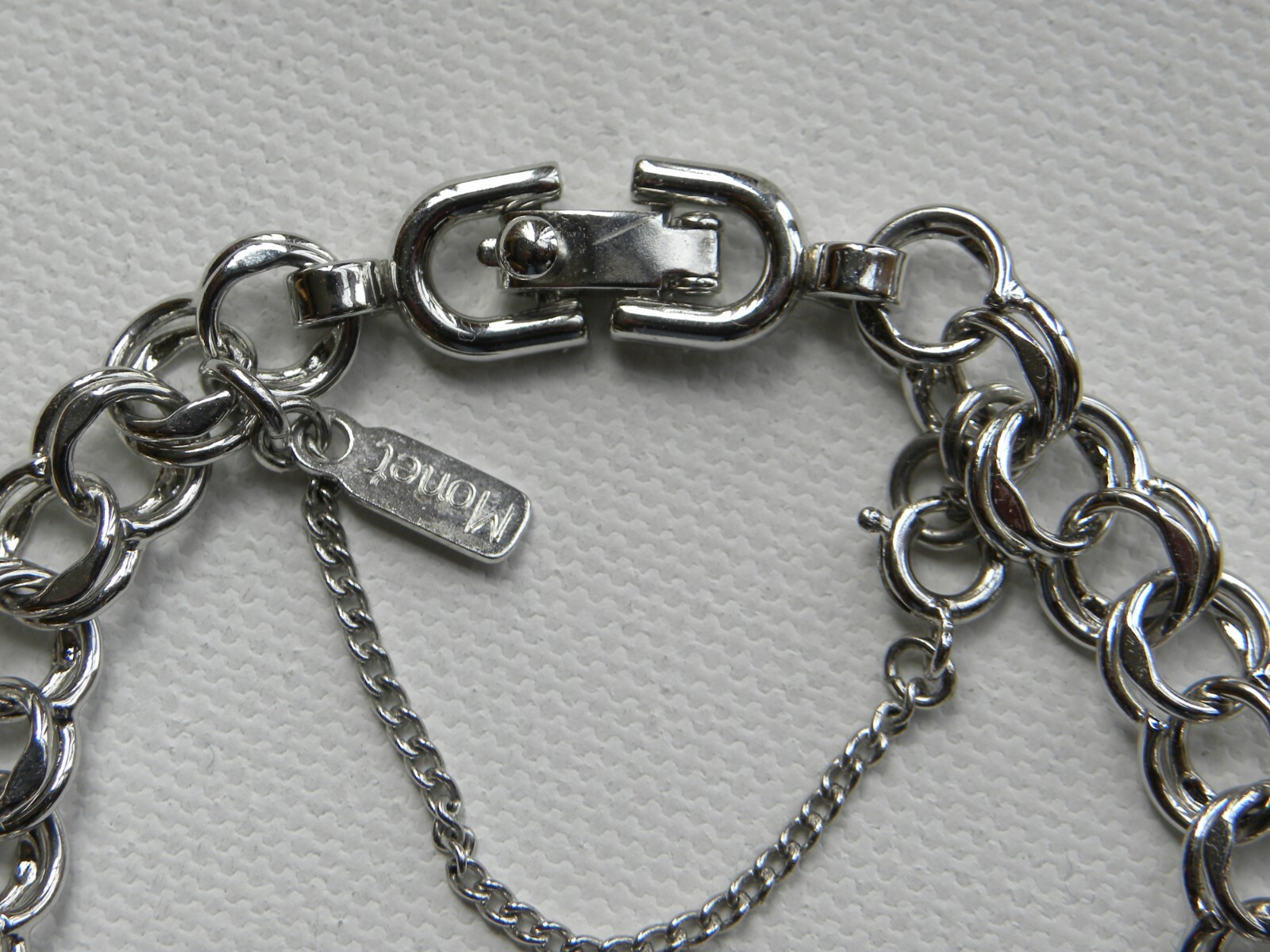 MONET Starter Charm Bracelet Double Link Silver Tone 7 1/8 Inch Safety Chain Vtg