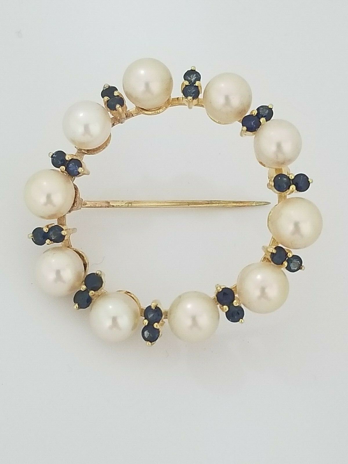 Vintage Antique 14k Yellow Gold Pearl And Blue Sapphire Brooch Pin 39 mm Round