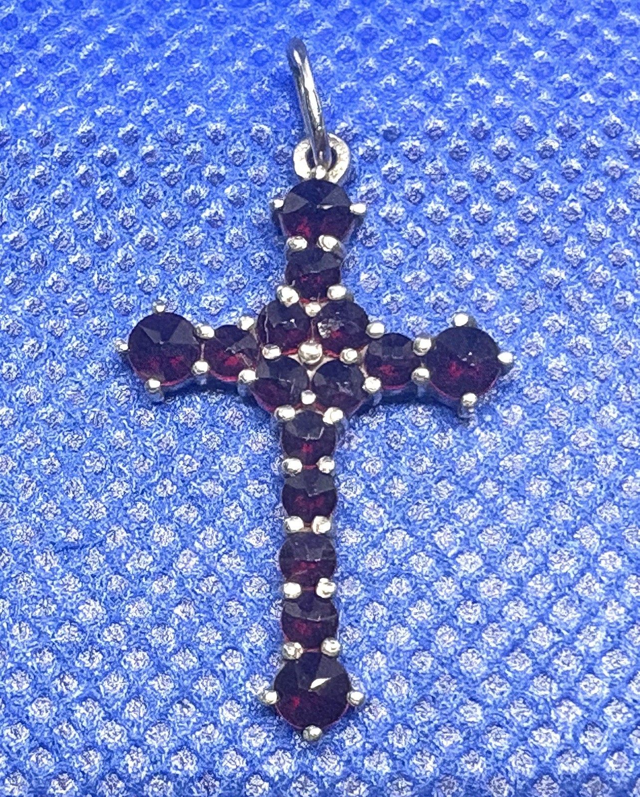 K39 Antique 32×19 mm Cross 900 Silver Pendant Red Garnet 1.5g BOHO Bohemian Gold