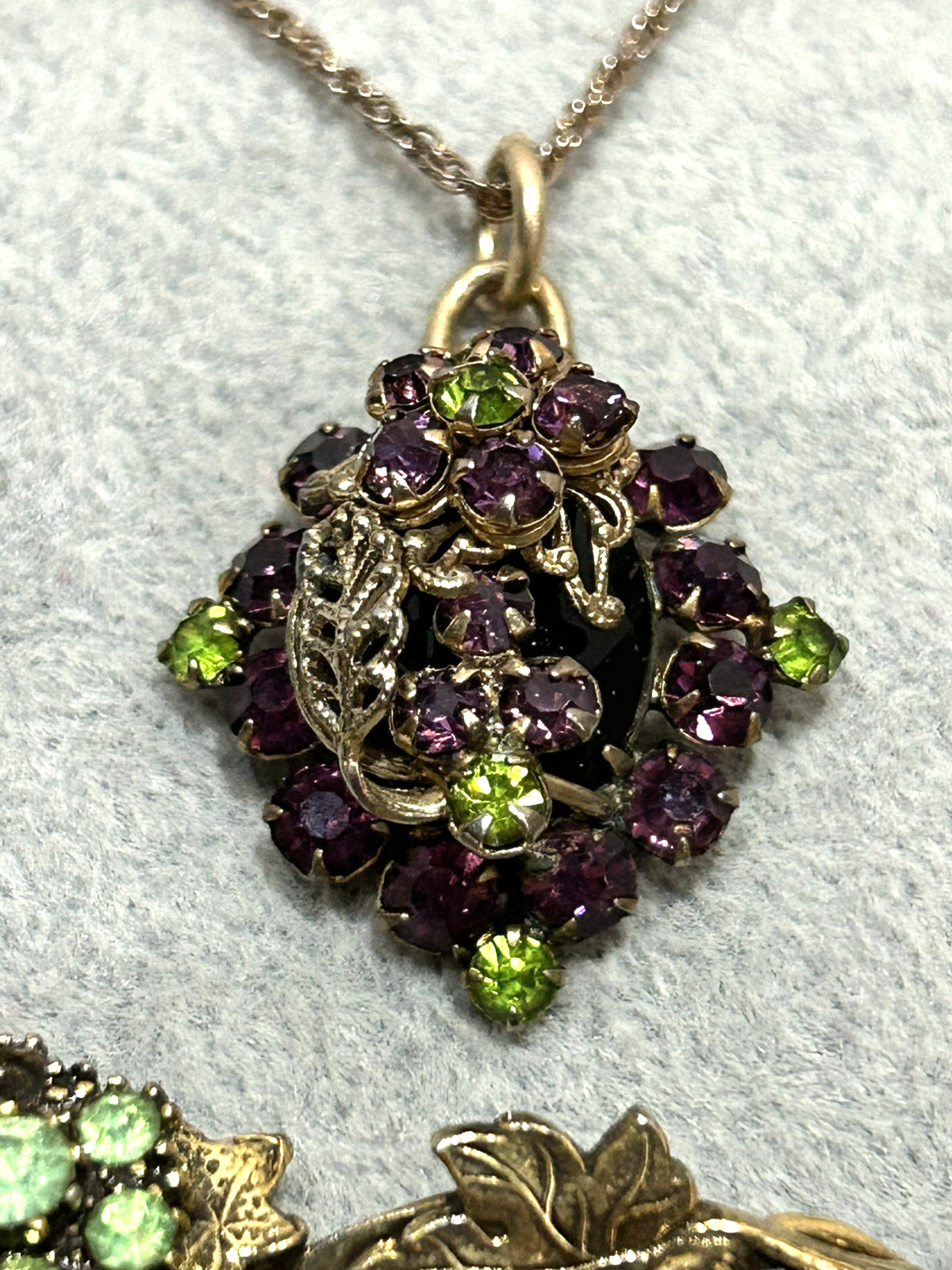 Purple Grape Clusters & Green Flowers Rhinestone Bracelet, Earrings & Necklace