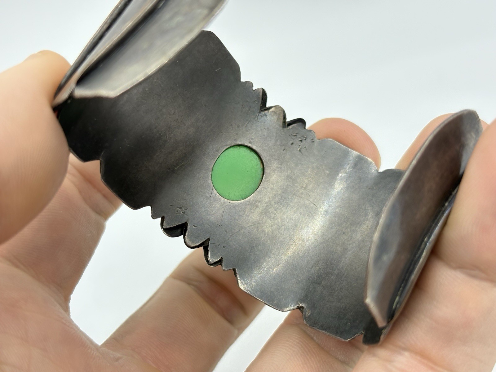 Antique Arts & Crafts Sterling Silver Mixed Metal Green Chalcedony Cuff Bracelet