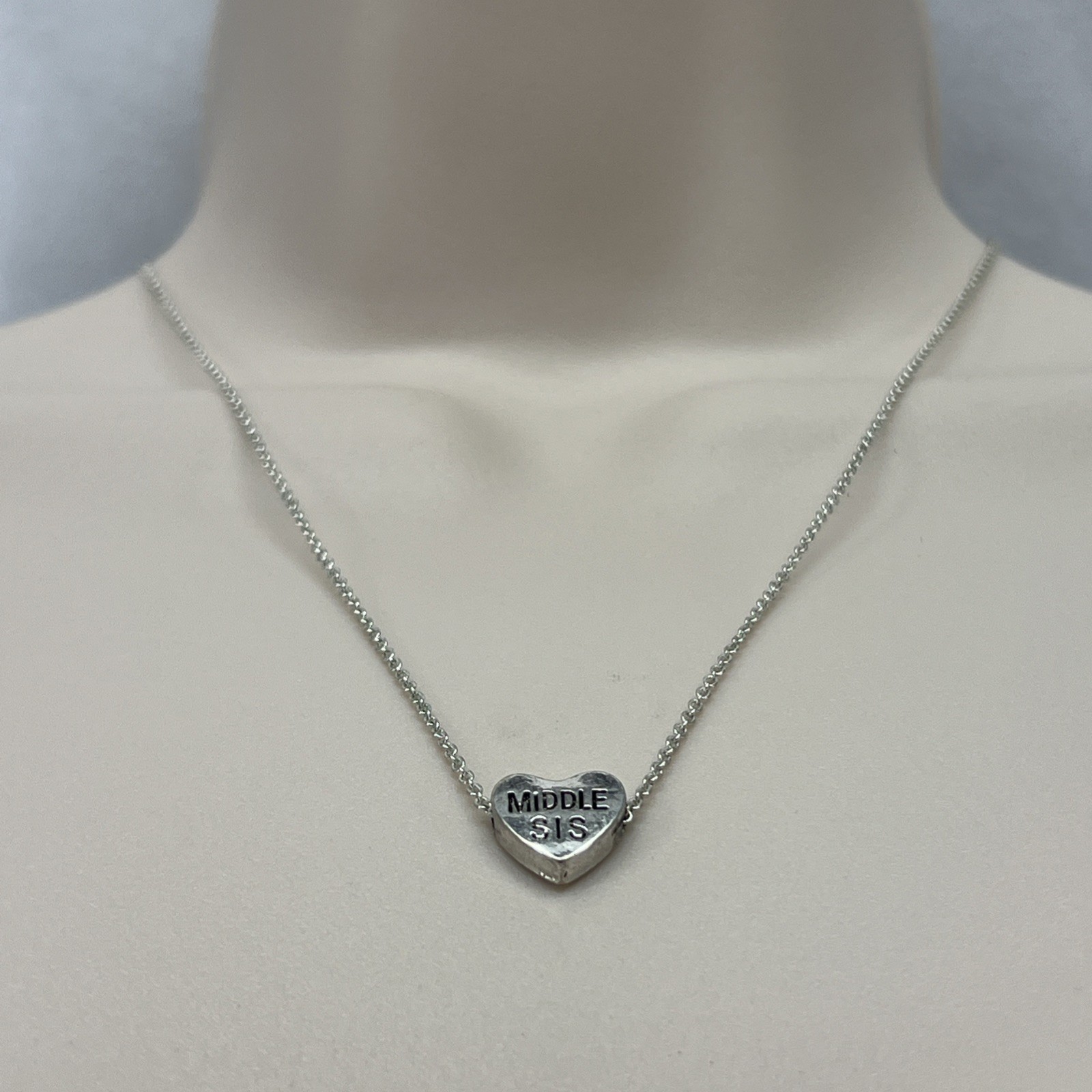 Claire’s MIDDLE SIS Sliding Heart Pendant Necklace Vintage Silver Tone 18”
