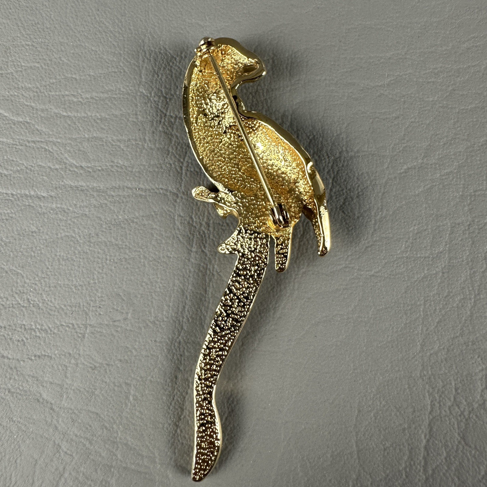 Vintage Parrot Bird Brooch Rhinestone Enamel Gold Tone Tropical Figural Pin