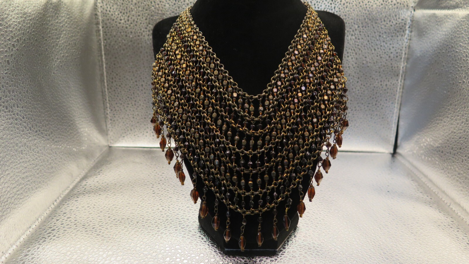 Vintage Collar Beaded Necklace- Brown Beads and Bronze Tone Chain
