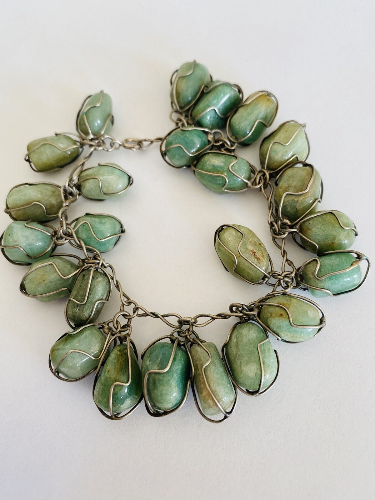 Vintage Sterling Silver Green Jade Tumbled Stone Wire Wrap Link Bracelet 7”