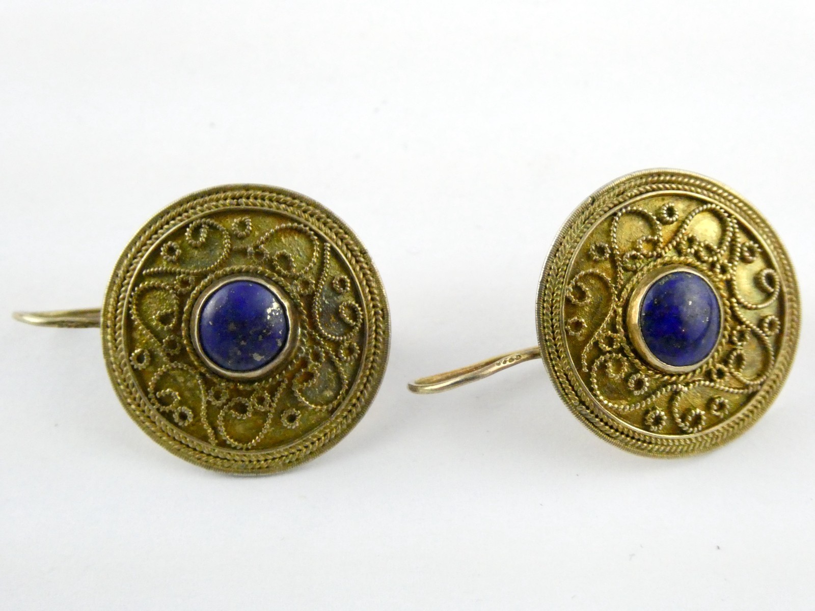 Vintage Gilt Sterling Silver Scroll Motif Lapis Lazuli Hook Earrings 7.3g 1.25In