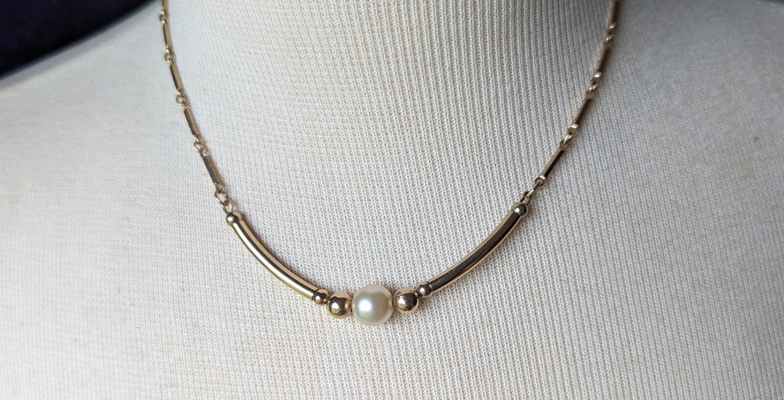 Sarah Coventry Gold Tone Station Bar Round Faux Pearl Bead 16″ Link Necklace