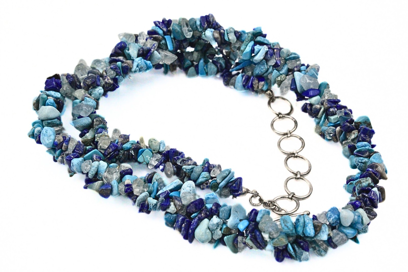 Stunning HSN Lapis Quartz Turquoise Nugget Beads Braided Rhodium Plate Necklace