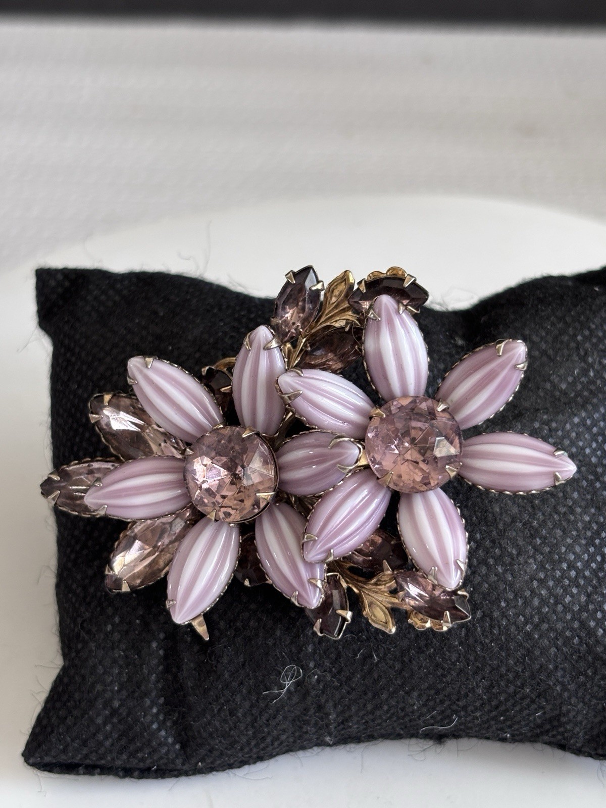 Vintage Purple Layered Flower Brooch Molded Lucite Petals Glass Rhinestones