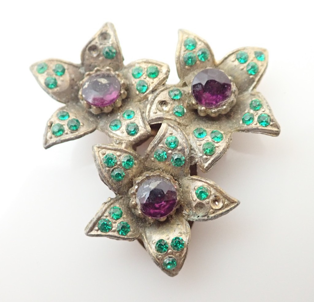 Vintage Purple Green Rhinestone Flowers Floral Brooch Dress Clip