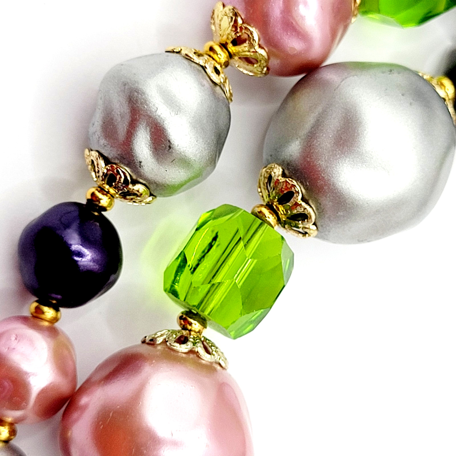 Colorful Glass & Faux Pearl Style Multi Color Shape Bead Vintage Necklace 21 In