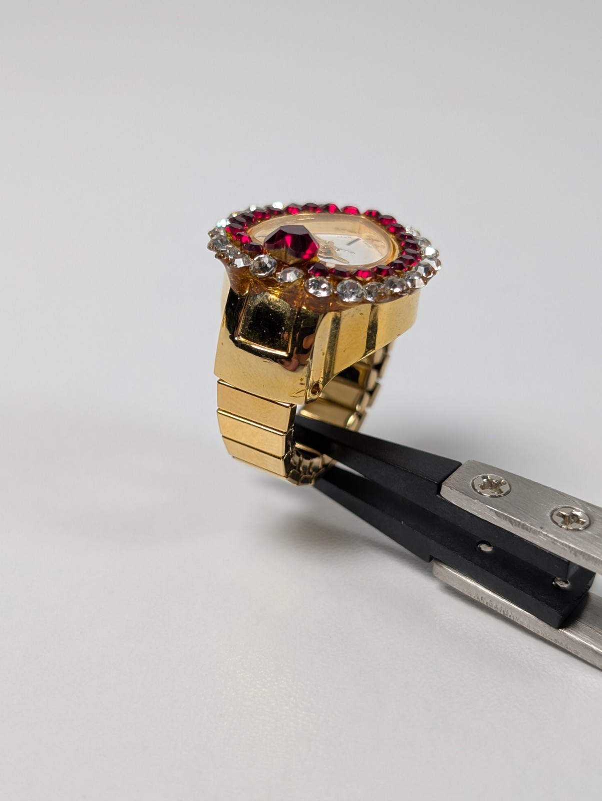 Vtg Digits Bonetto Ring Watch Heart Rhinestone Bezel Gold Tone Expansion Band