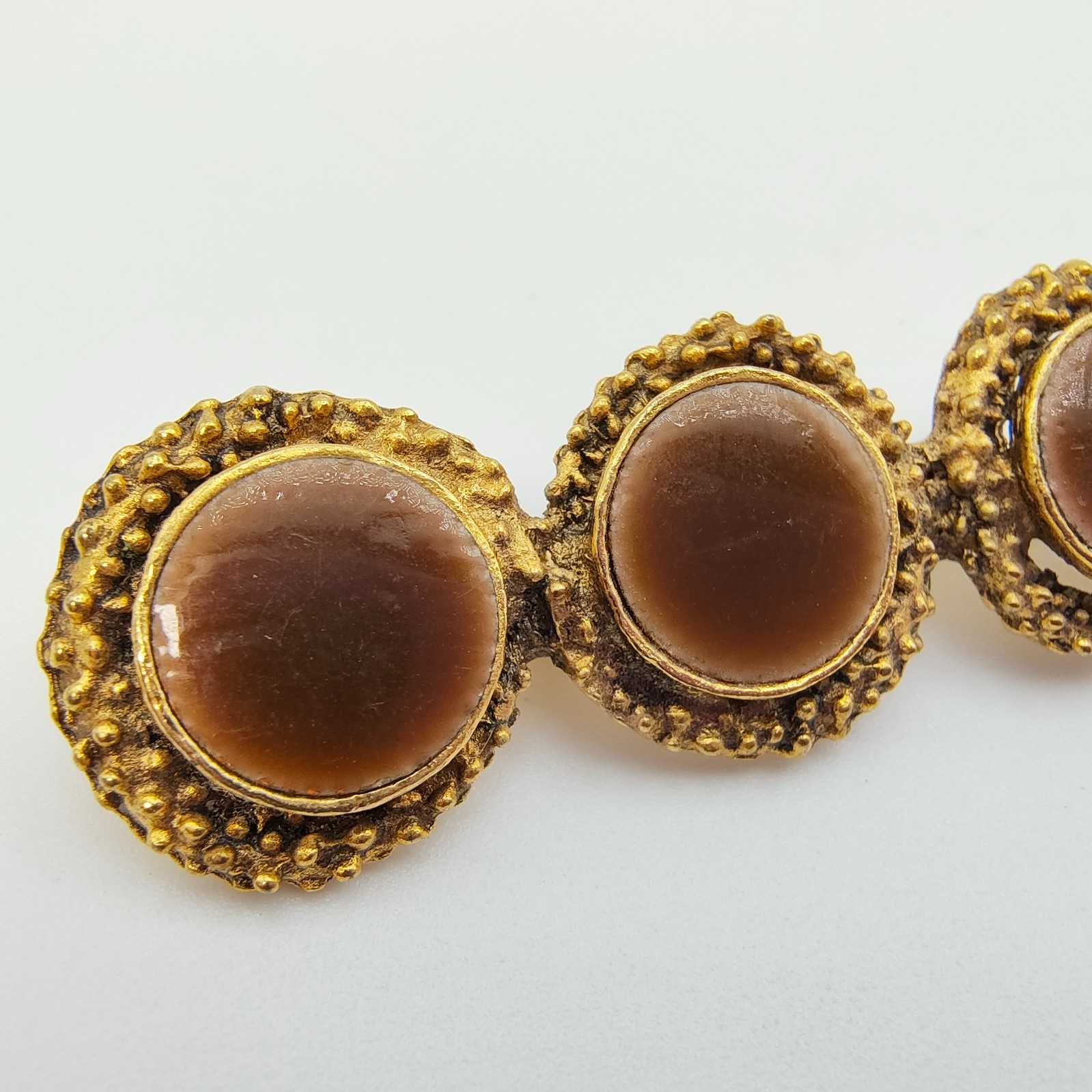 Vintage Byzantine Style Bar Brooch Gold Tone Brown Victorian Revival Style
