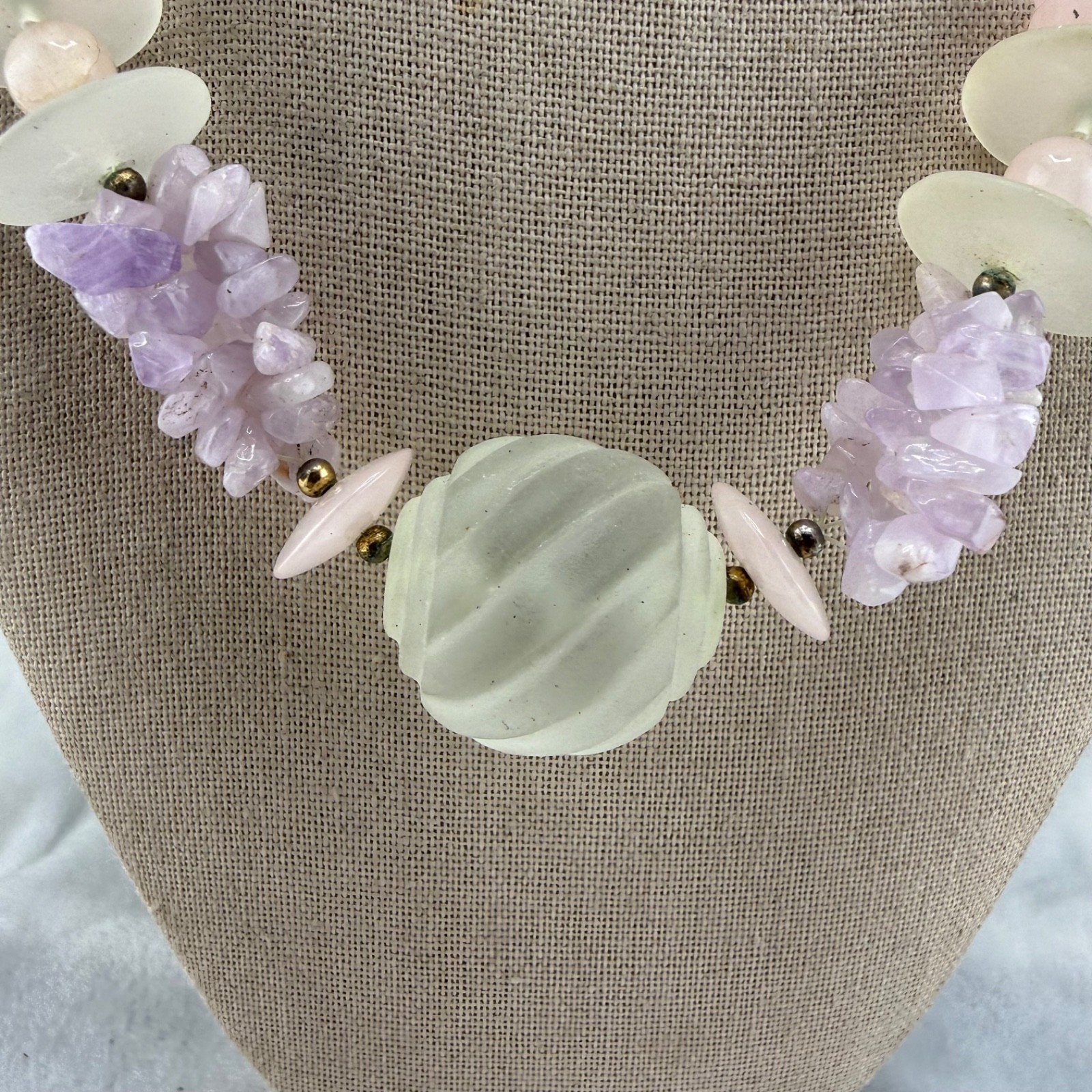 Vintage Polished Stone Beaded Necklace White Pink Purple Pastel 18”