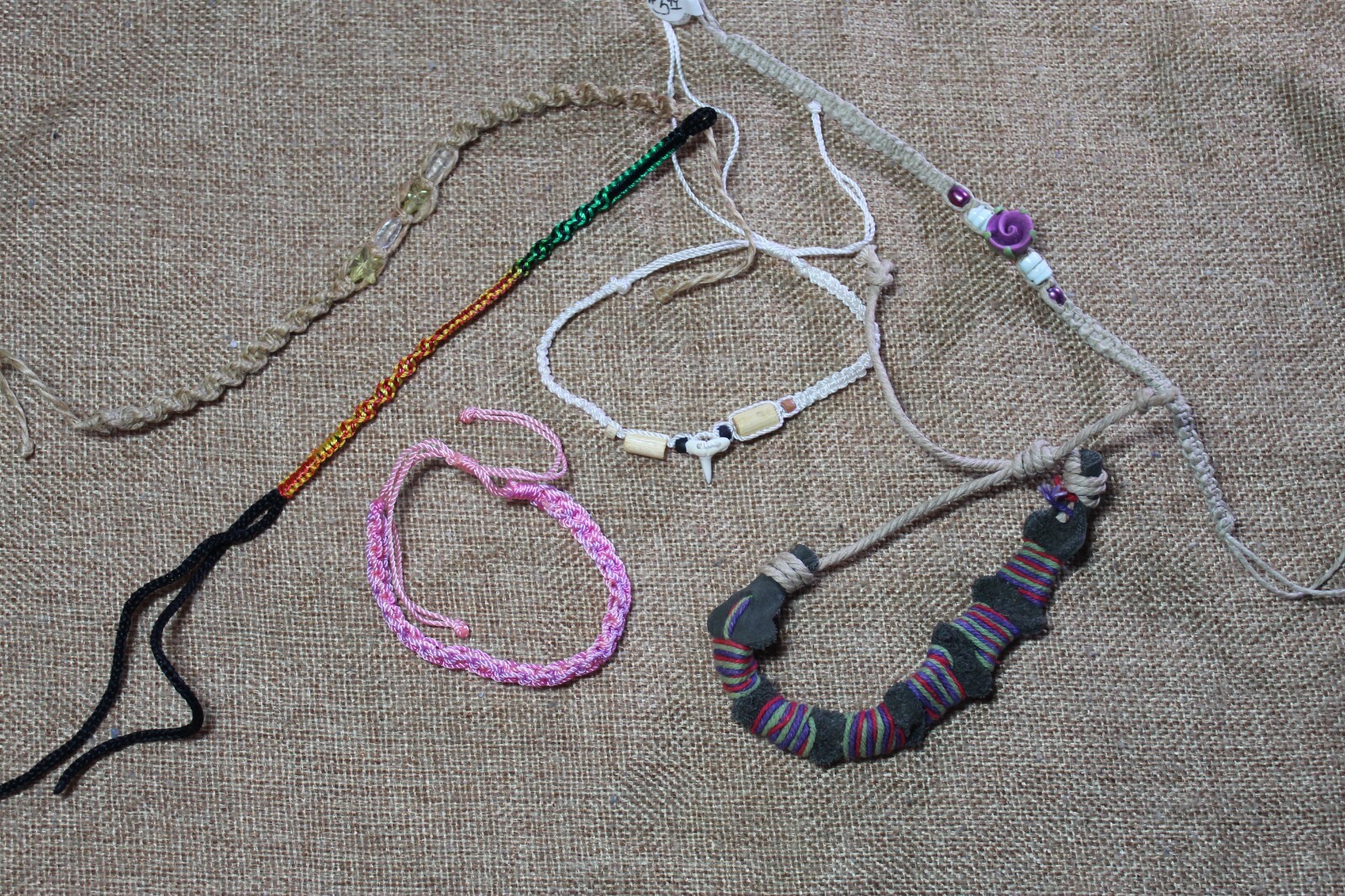 Lot of 6 Vintage 90s Natural String Woven Bracelets &Anlets Beads Hemp Leather