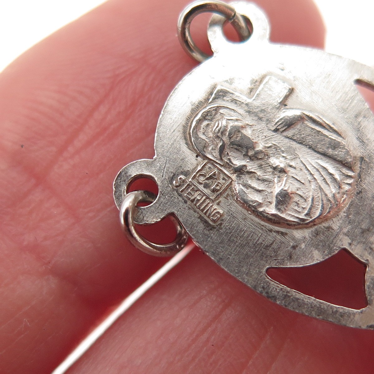 925 Sterling Silver Antique Art Deco St. Mary Rosary Chain Centerpiece Pendant