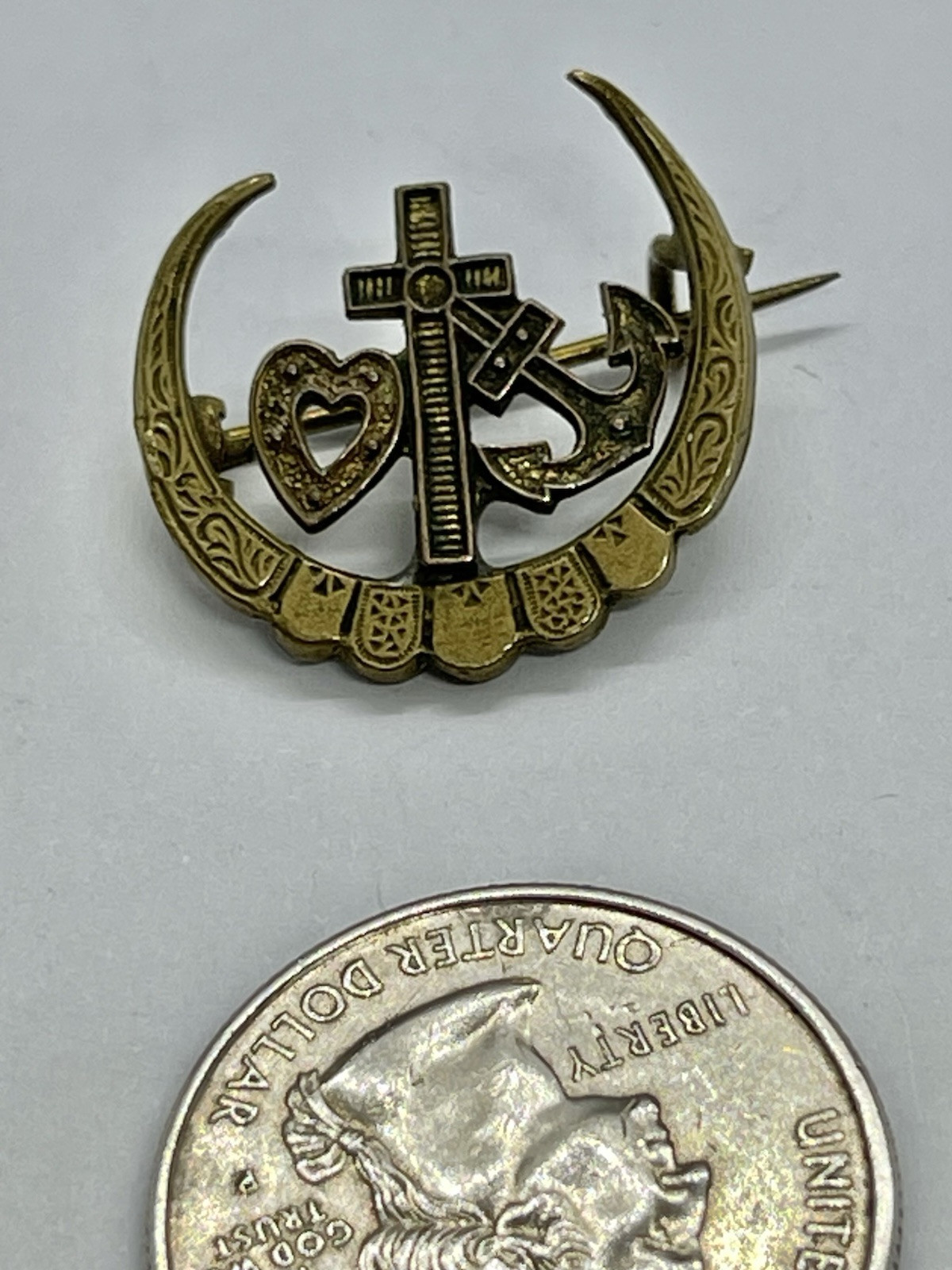 Antique Victorian Faith, Hope & Charity Goldtone Brass Brooch Pendant