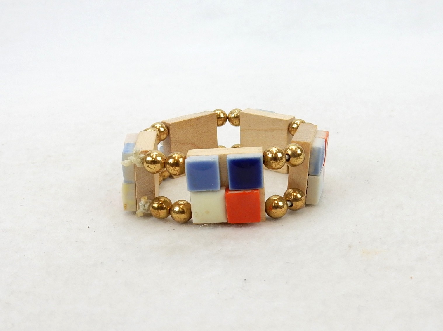 Vintage Costume Jewelry, Wood and Ceramic Tile Retro Bracelet, UNIQUE BCLT-11
