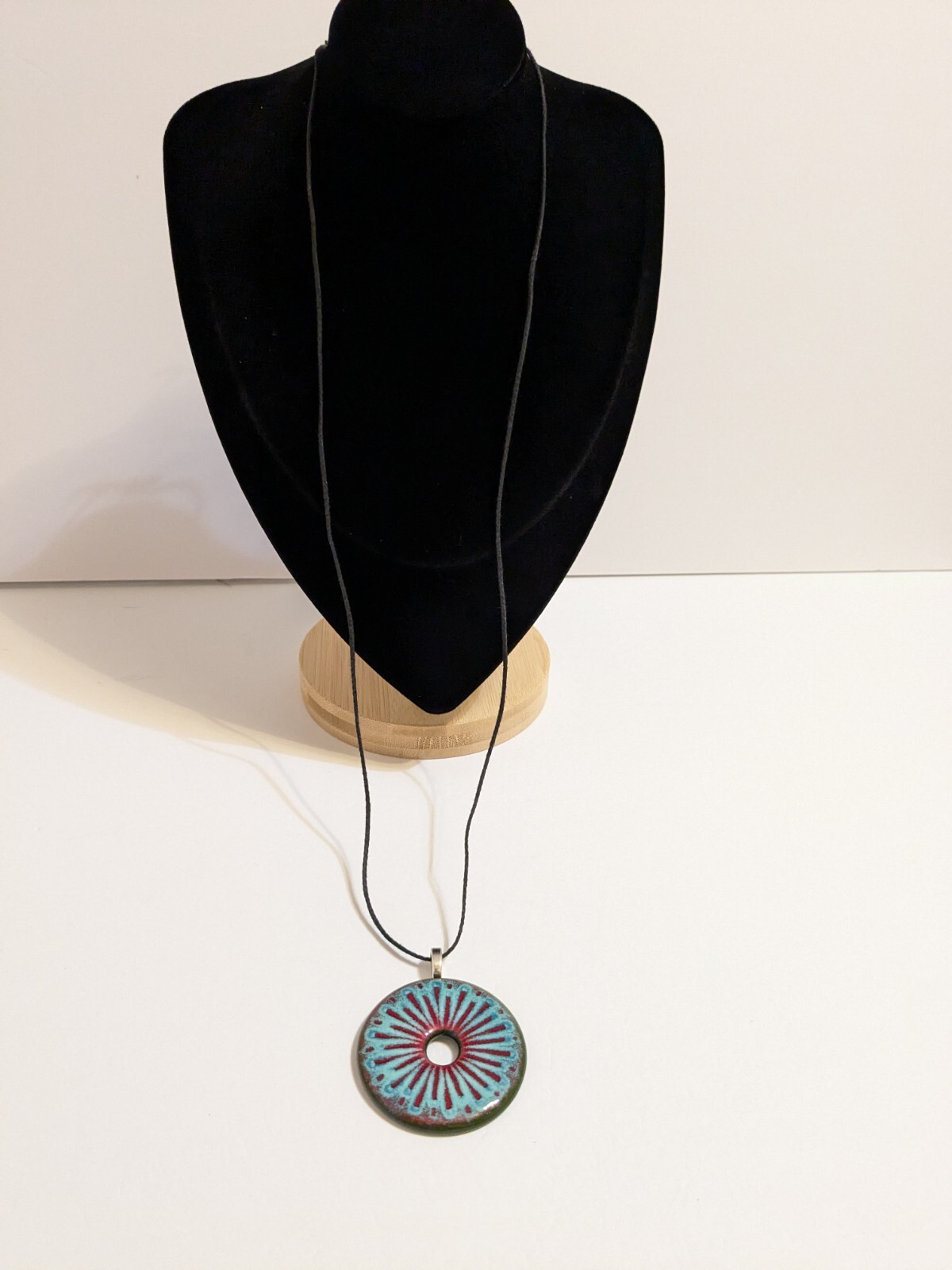 Round Multicolor Resin Pendant And Black Cord Necklace. FLAWED Cord.