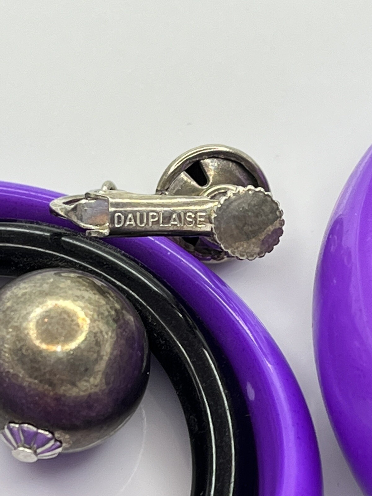 Vintage Large Purple Hoop Adjustable Clip On Earrings Signed Dauplaise
