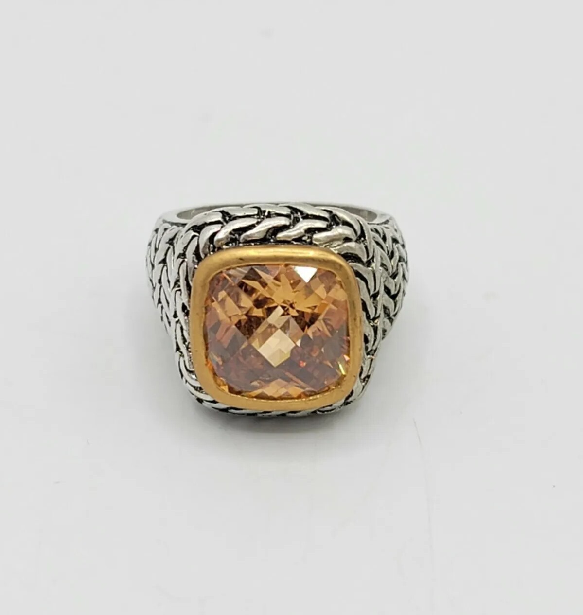 Vtg Ring Sz 7 Lg Citrine Topaz Amber Cubic Zirconia Medieval Jewelry Braid