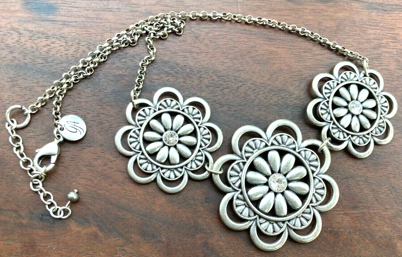 Silver Metal & CZ Statement Collar Flower Necklace Signed ‘GA’ 18-20″