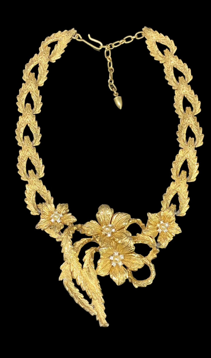 Antique Gold Plate Necklace Floral Leaf Rhinestone & Pearl Designer Signed