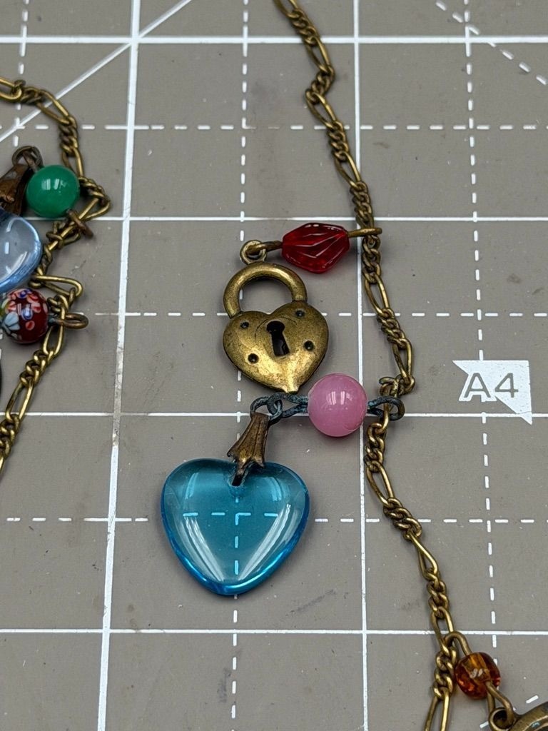 Vintage Glass Works Studio Charm Necklace Brass Glass Hearts Eagle Moon Stars