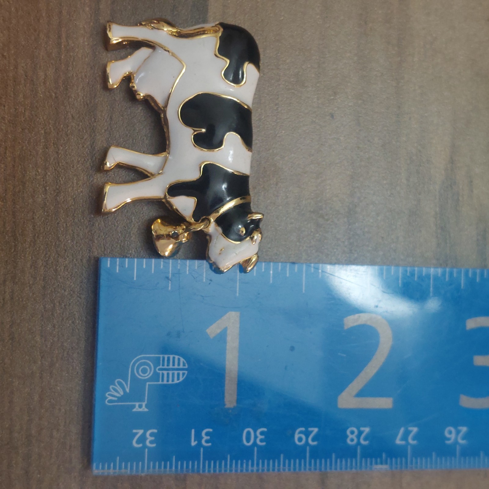 Vintage Estate Costume Jewelry Enamel Cow Pin Brooch with Bell