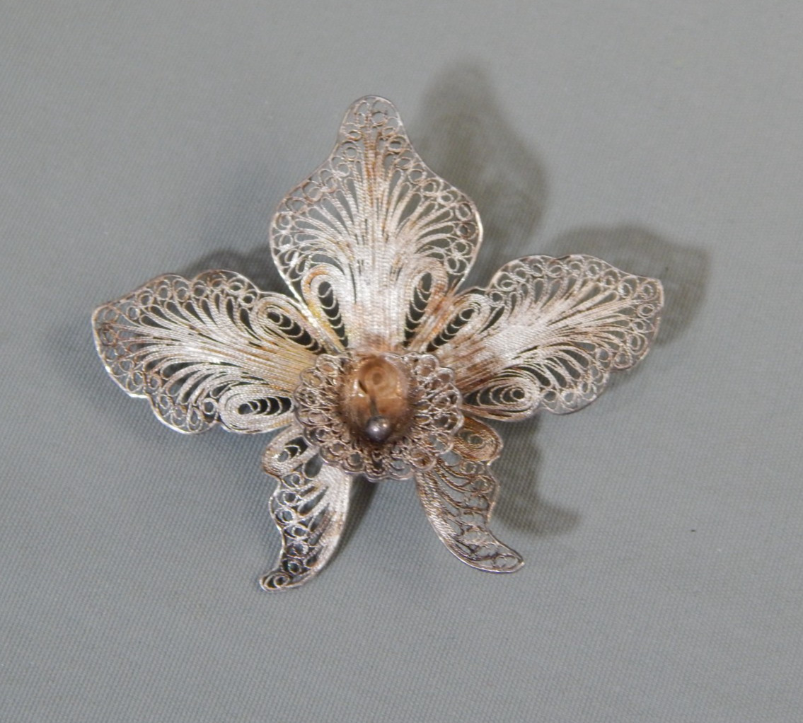 Antique Vintage 800 Silver cannetille Filigree Orchid Dimensional Brooch Pin