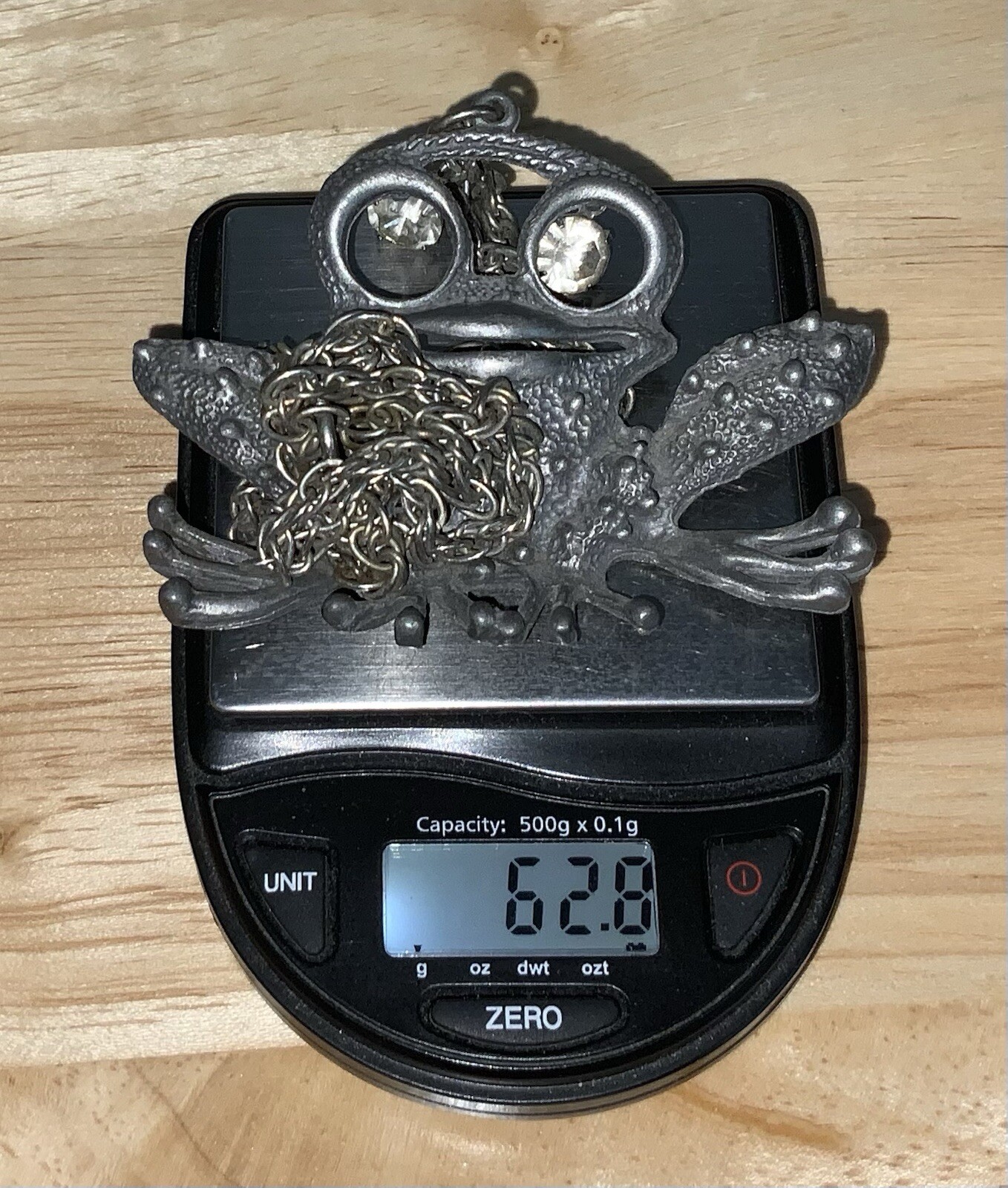 Vintage, Gray Metal Frog Pendant W/ White Rhinestones Articulate Eyes, Necklace