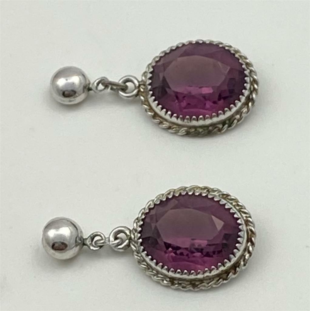 Vintage Faux Amethyst Silver Tone Dangle Drop Post Earrings