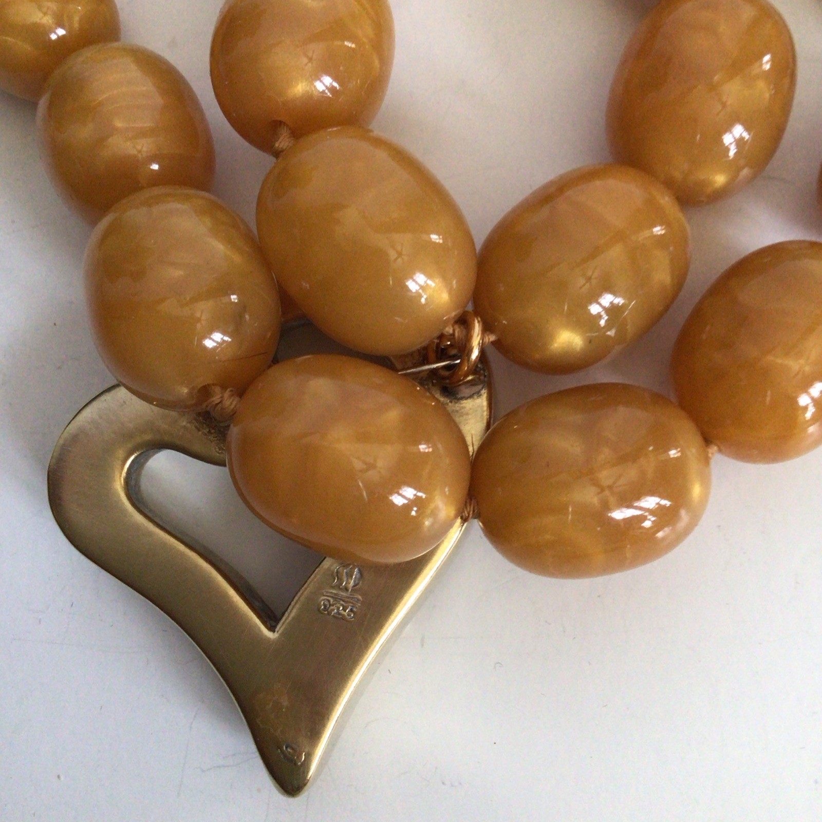 SPECIAL SEBBAG VON MUSULIN NECKLACE STERLING/GOLD HEART HUGE AMBER COLOR BEADS
