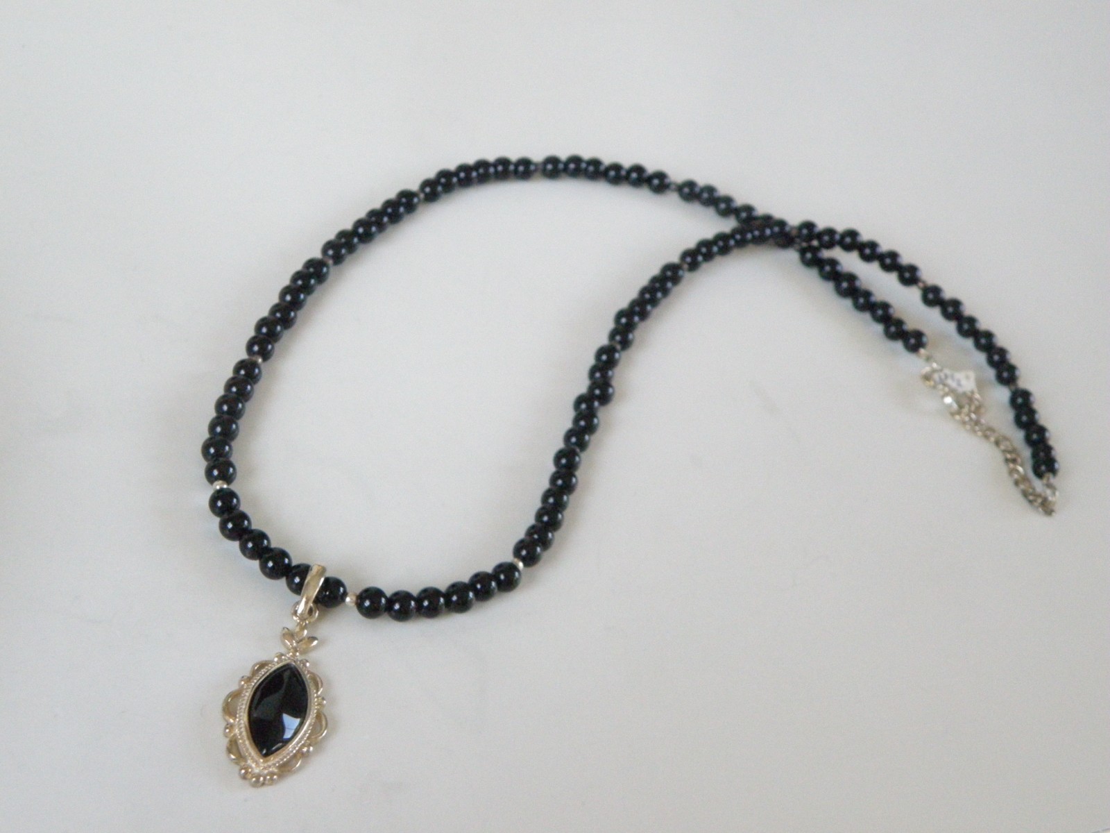 Vintage Sterling Silver 925 Black Onyx Station Bead Necklace