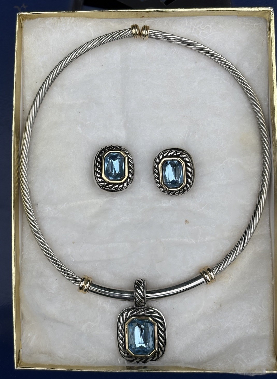 VTG 1980’S SILVER w GOLD TONE COLLAR BIB NECKLACE CLIP EARRINGS FAUX BLUE TOPAZ