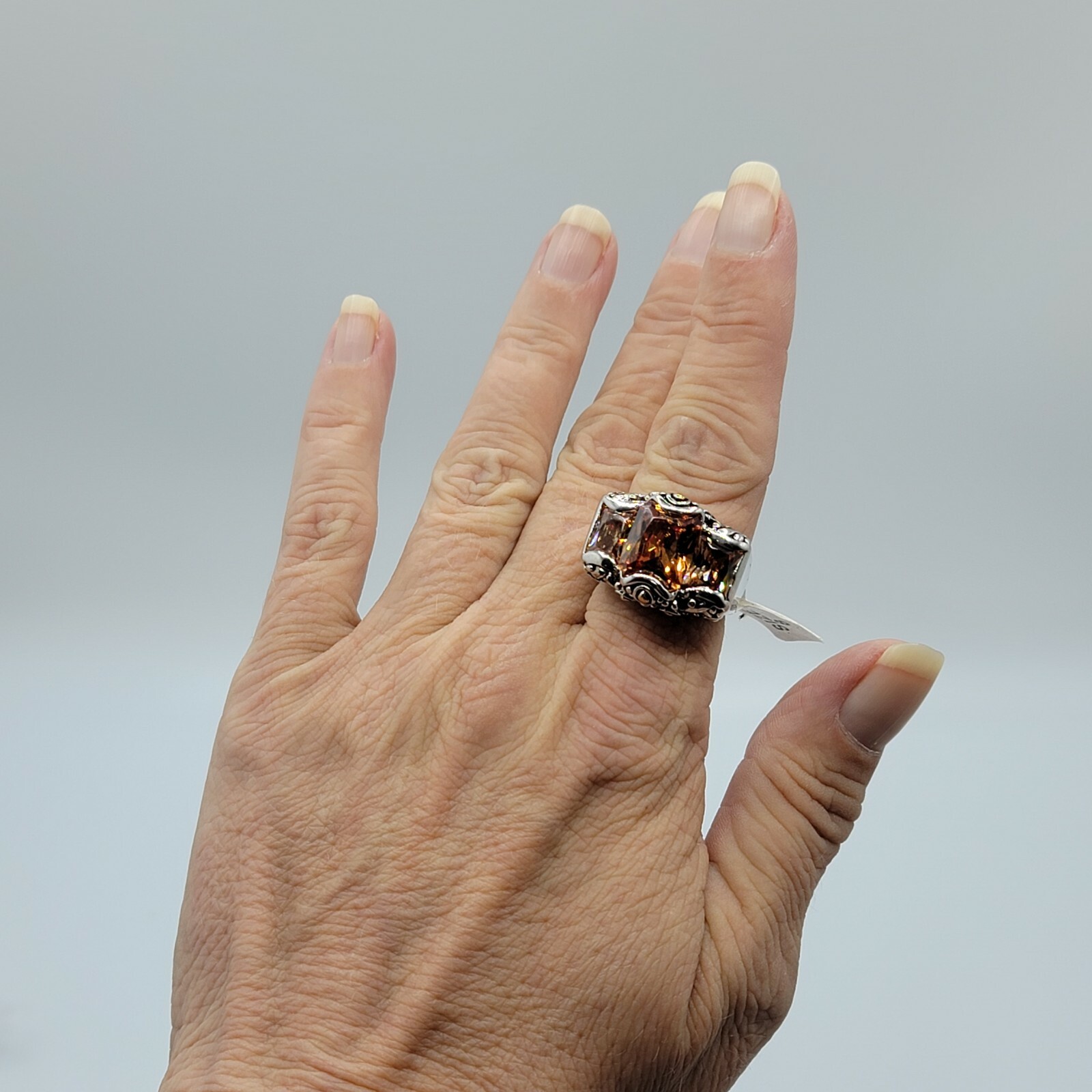 Vtg Ring Sz 8 Lg Big Topaz Citrine Cubic Zirconia Medieval Theme Fashion Jewelry