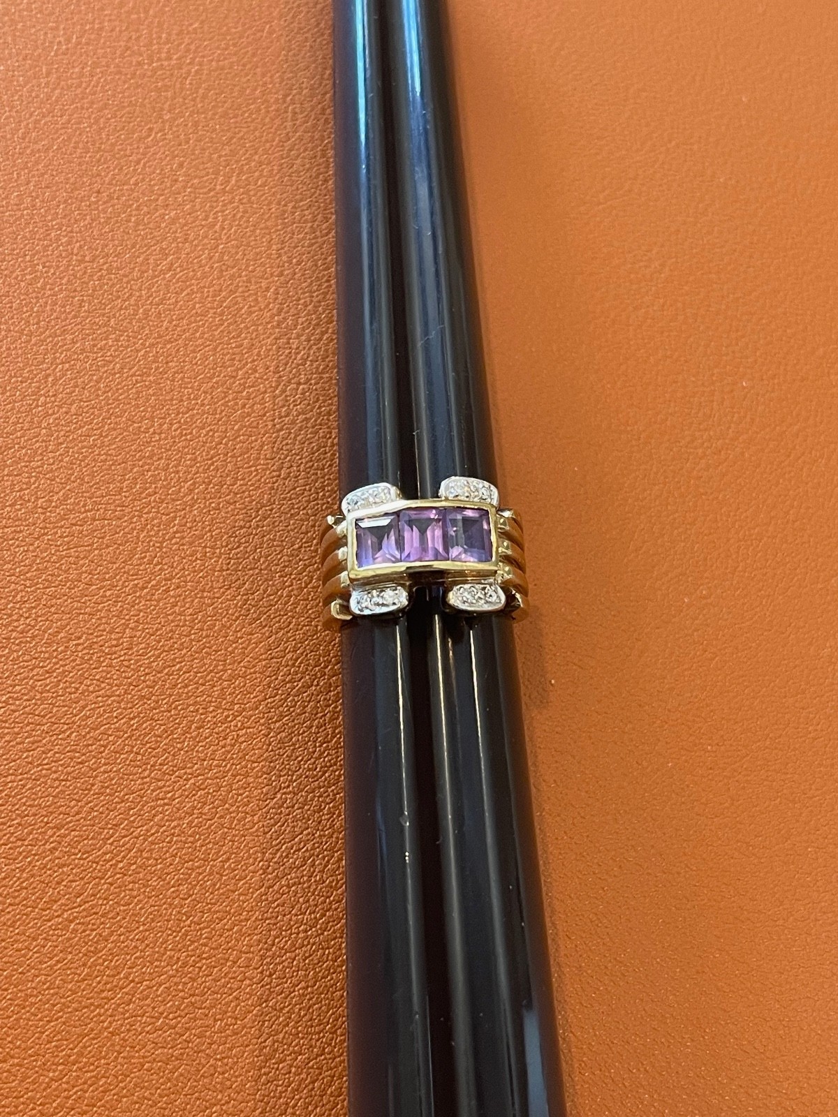RF Sterling SIlver Ring w/ Gold Wash Purple & Clear Stones Size 6.5