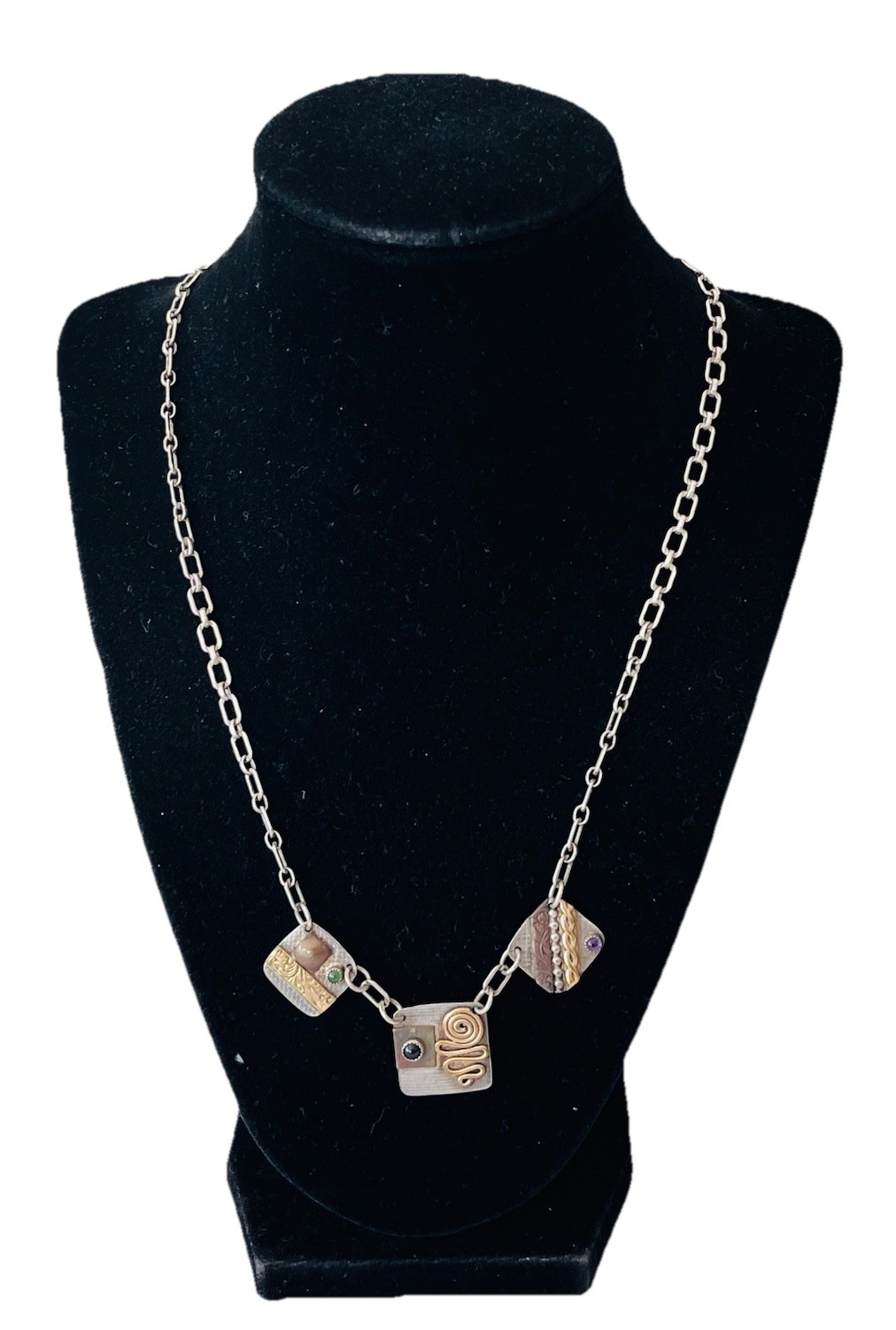 Vintage Signed MA Modernist Mixed Metal Sterling Silver Stone Link Necklace 20”