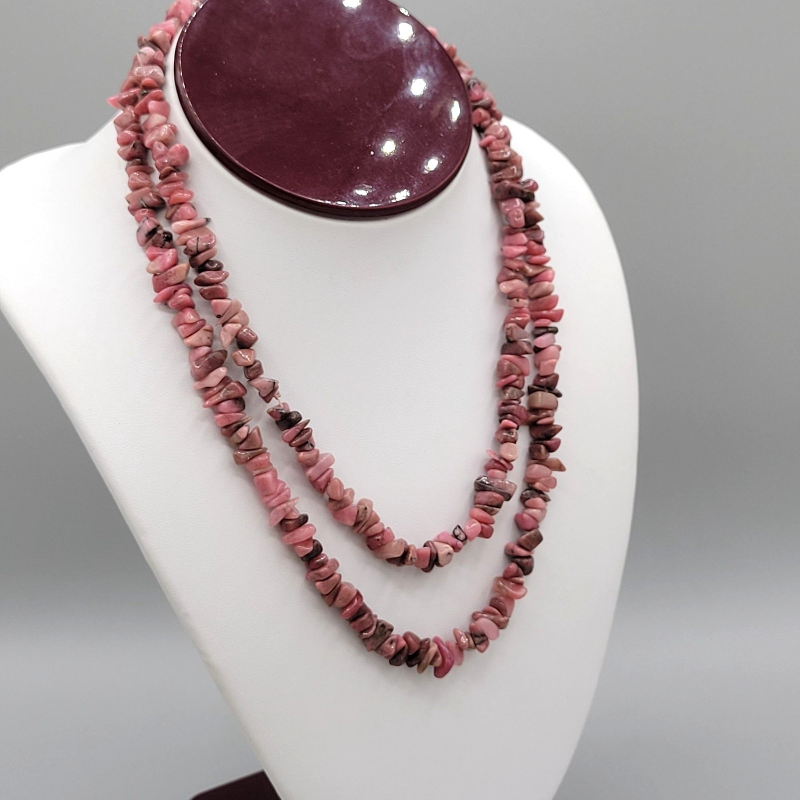 Pink Rhodonite Stone Chips Boho Long Necklace Natural Polished Vintage 32″