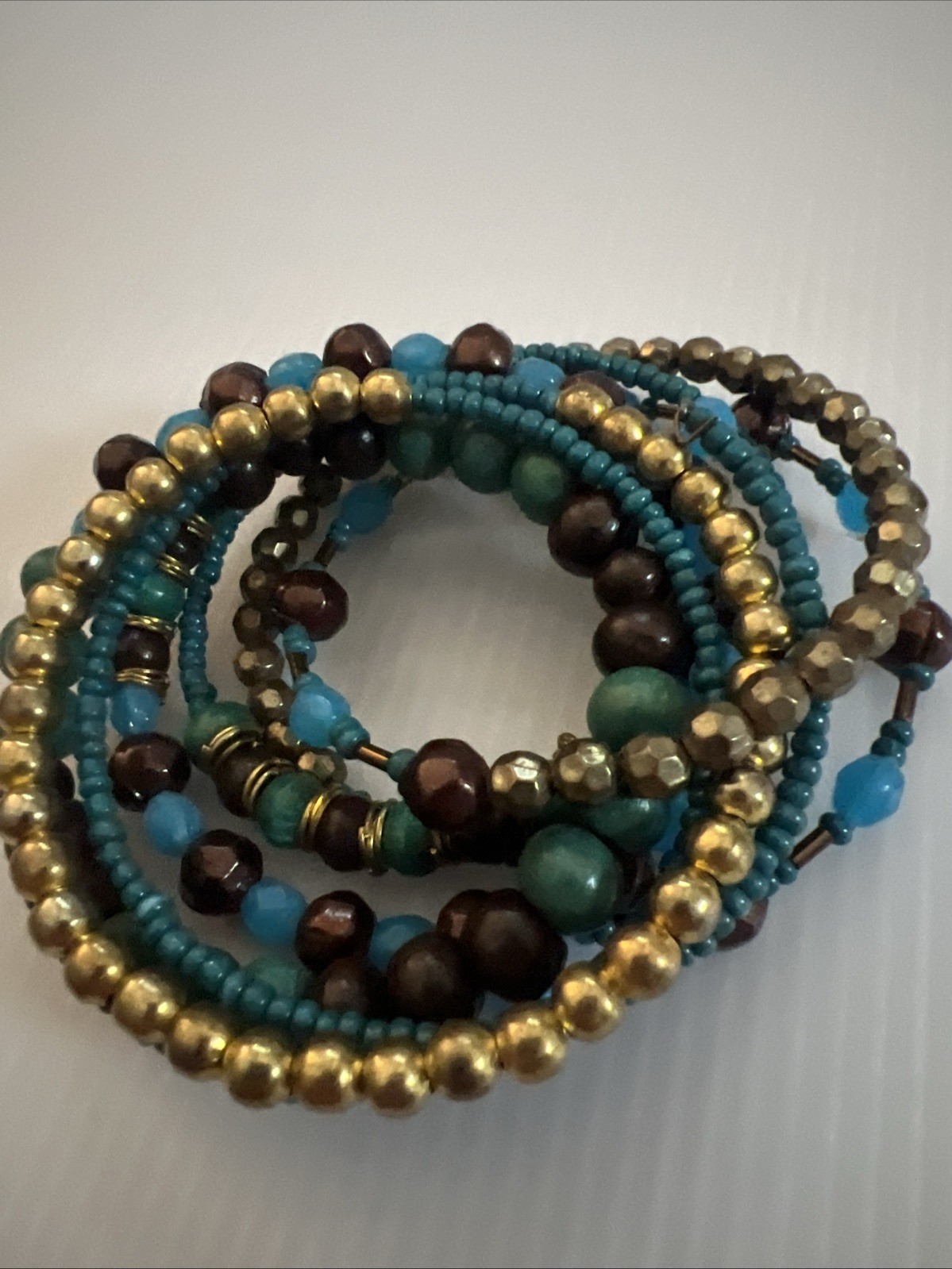 Wrap Stretch Bracelet Beaded 9 Rows Turquoise Blues Multicolor